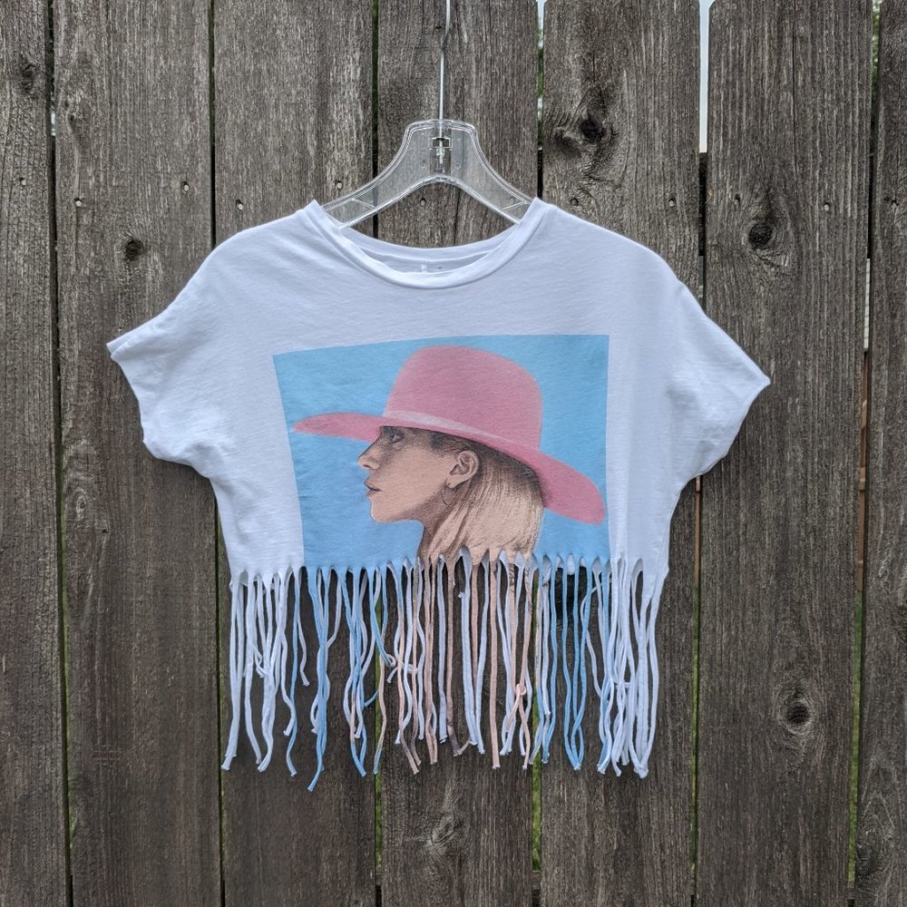 New! Lady Gaga Joanne Edgy Fringe Graphic crop top T-shirt